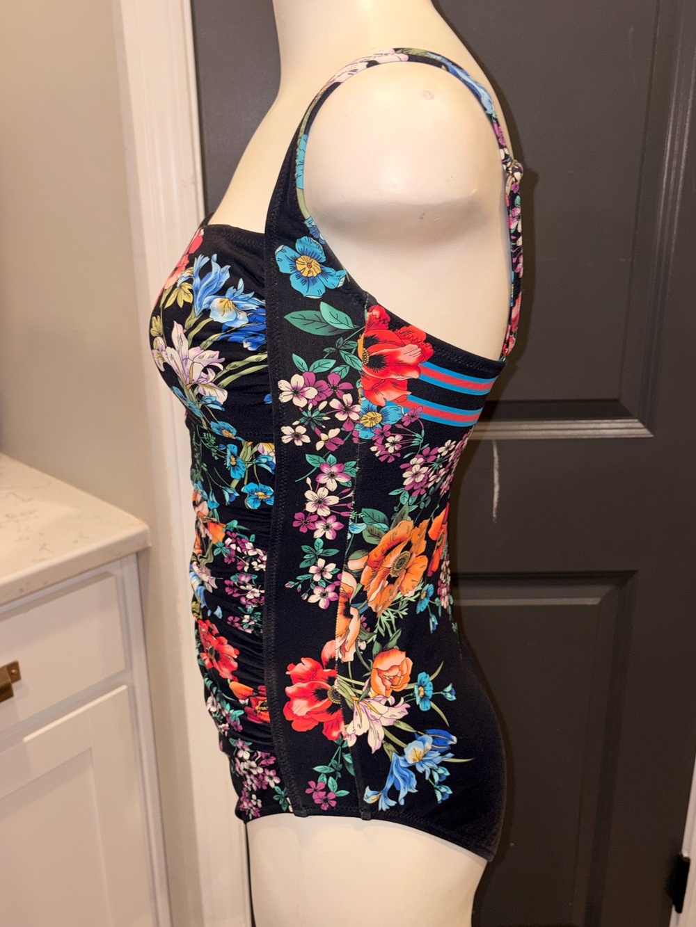 Johnny Was Black Floral Ruched One-Piece Swimsuit w Adj Straps- Medium - Picture 2 of 5